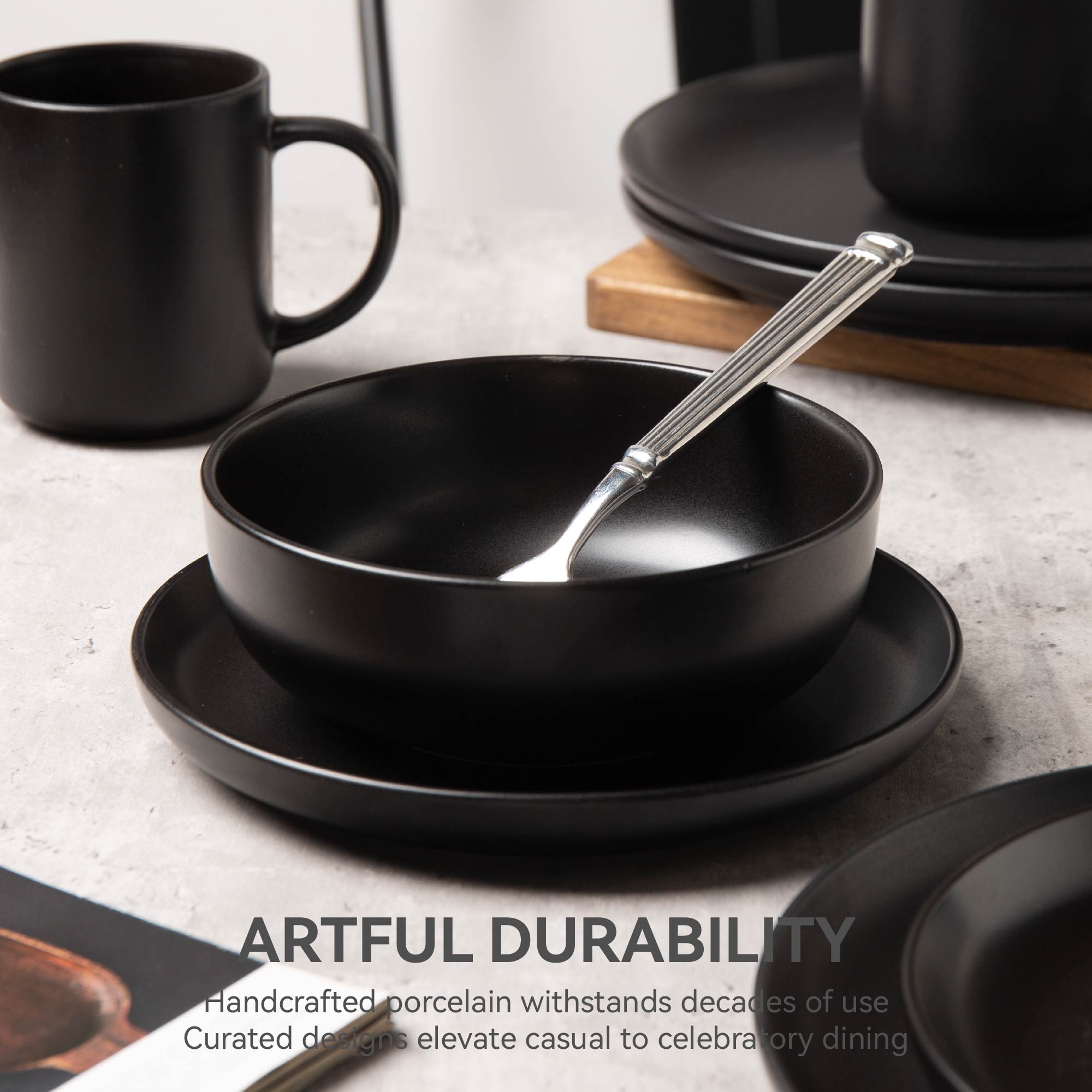 12-Piece Stoneware Dinnerware Sets With Mugs | Microwave & Dishwasher Safe | Non-Toxic Dinner Plates Bowls Set | Stackable Matte Glaze Kitchenware For 3,Black_voghion.com